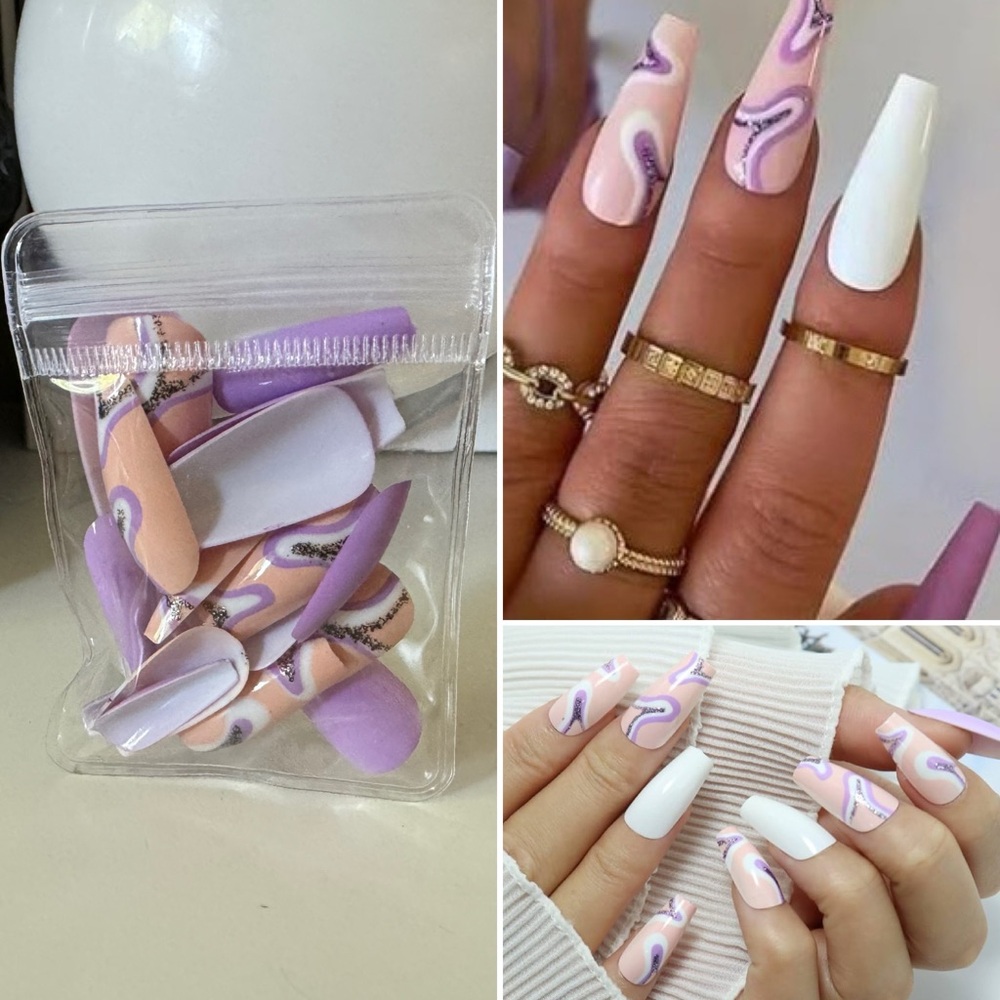 3/$15 Coffin Fake Nails Purple and Peach Long Coffin